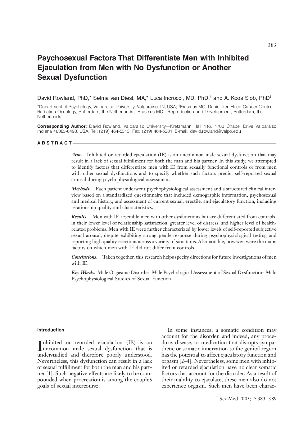 Psychosexual Factors That Differentiate Men with Inhibited Ejaculation from Men with No Dysfunction or Another Sexual Dysfunction