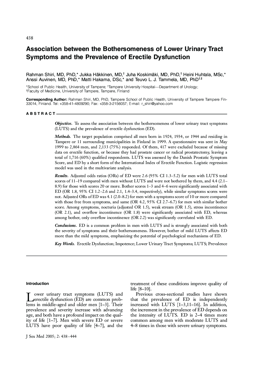 Association between the Bothersomeness of Lower Urinary Tract Symptoms and the Prevalence of Erectile Dysfunction