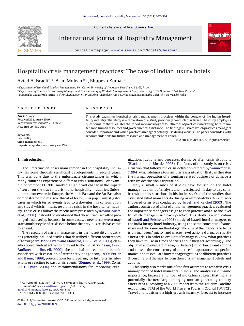 عکس صفحه اول مقاله: Hospitality crisis management practices: The case of Indian luxury hotels Hospitality crisis management practices: The case of Indian luxury hotels