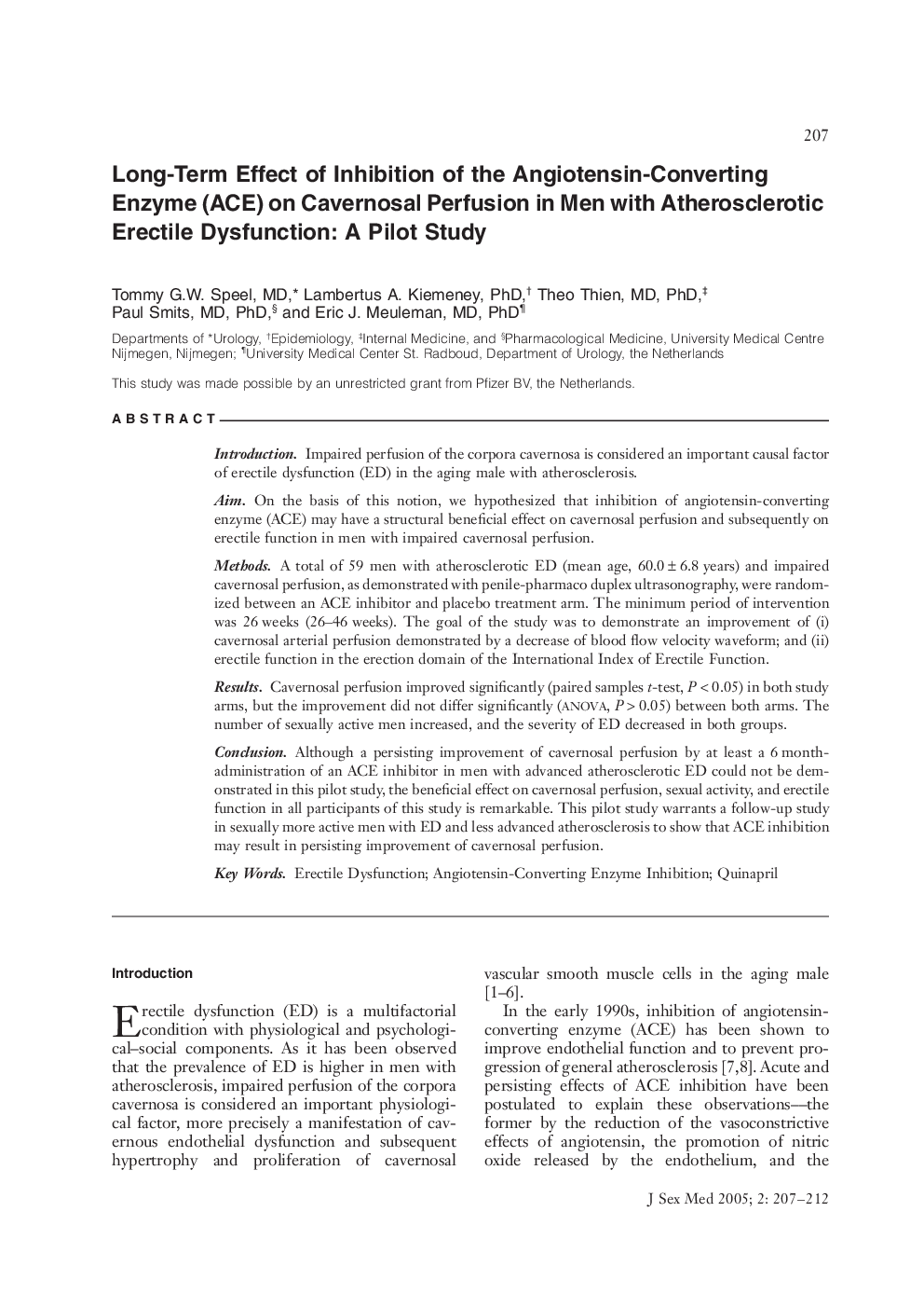 LongâTerm Effect of Inhibition of the AngiotensinâConverting Enzyme (ACE) on Cavernosal Perfusion in Men with Atherosclerotic Erectile Dysfunction: A Pilot Study