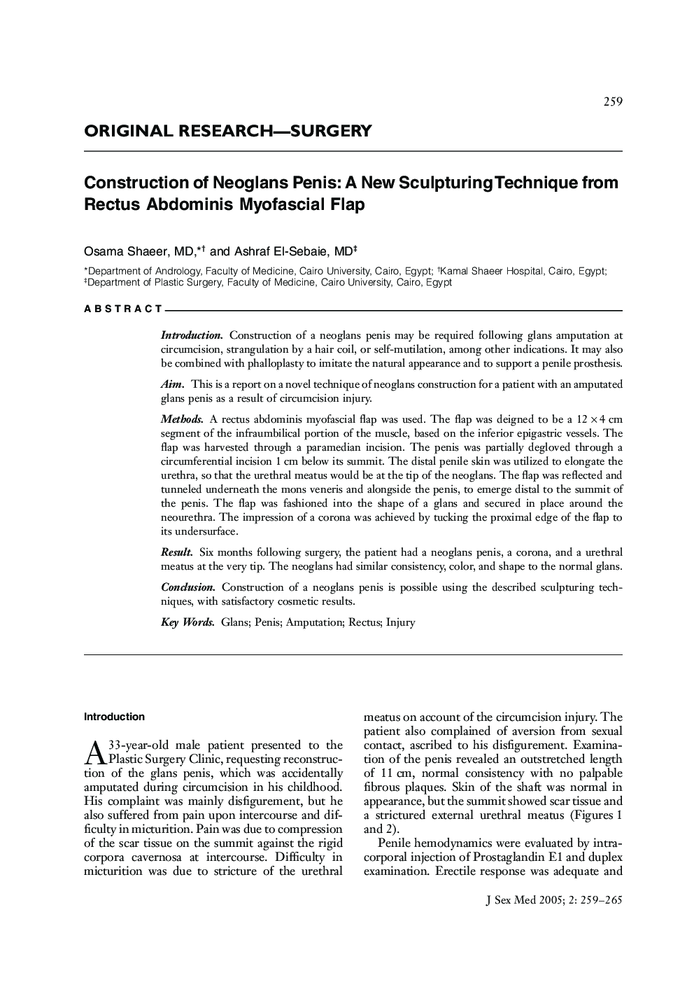 ORIGINAL RESEARCH-SURGERY: Construction of Neoglans Penis: A New Sculpturing Technique from Rectus Abdominis Myofascial Flap