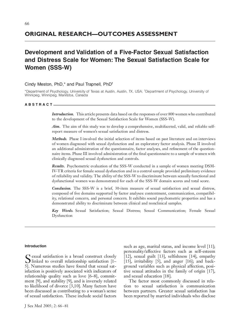 ORIGINAL RESEARCH-OUTCOMES ASSESSMENT: Development and Validation of a FiveâFactor Sexual Satisfaction and Distress Scale for Women: The Sexual Satisfaction Scale for Women (SSSâW)