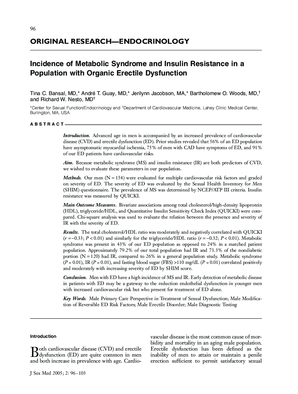 Incidence of Metabolic Syndrome and Insulin Resistance in a Population with Organic Erectile Dysfunction