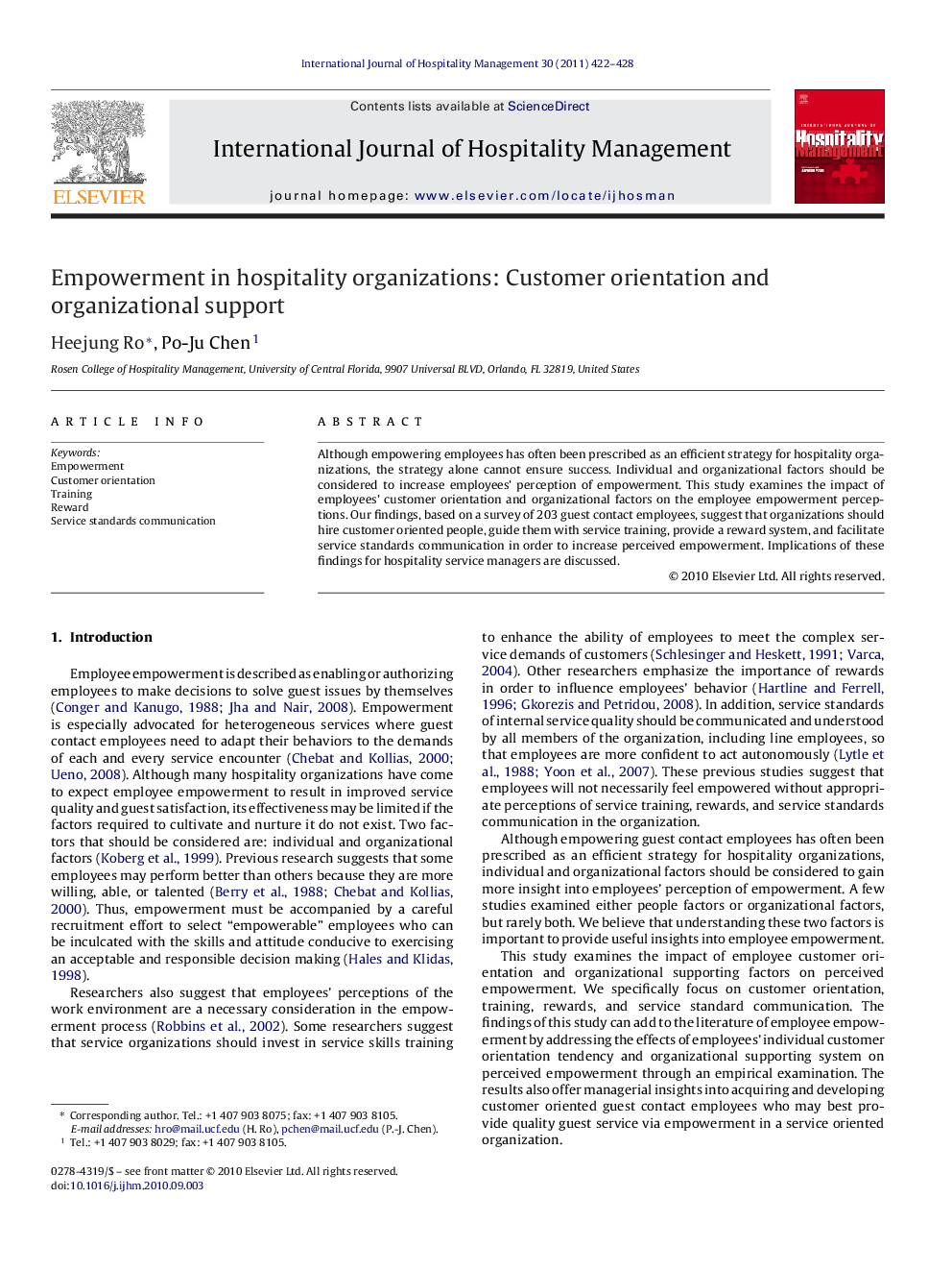 Empowerment in hospitality organizations: Customer orientation and organizational support