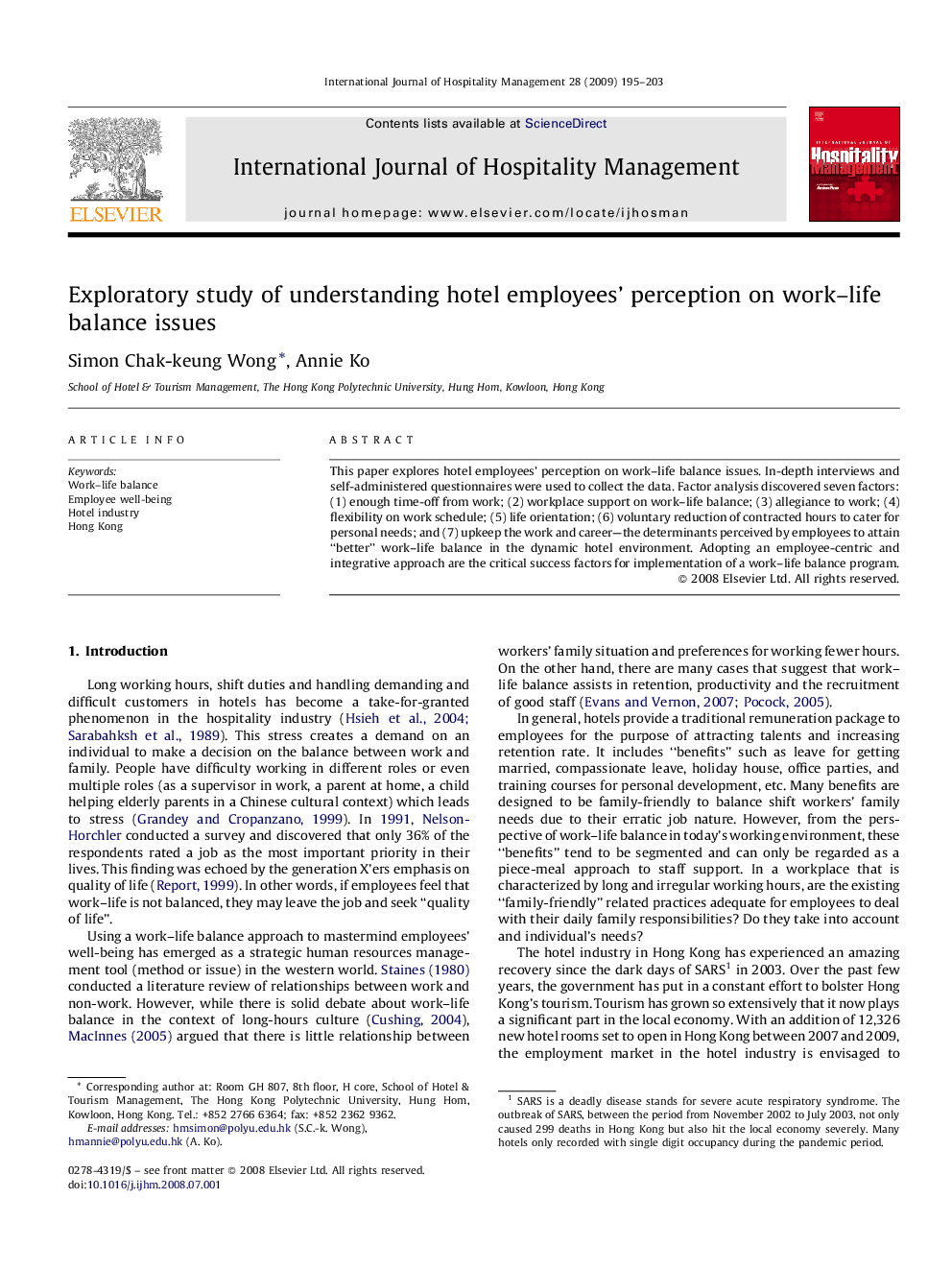 Exploratory study of understanding hotel employees’ perception on work–life balance issues