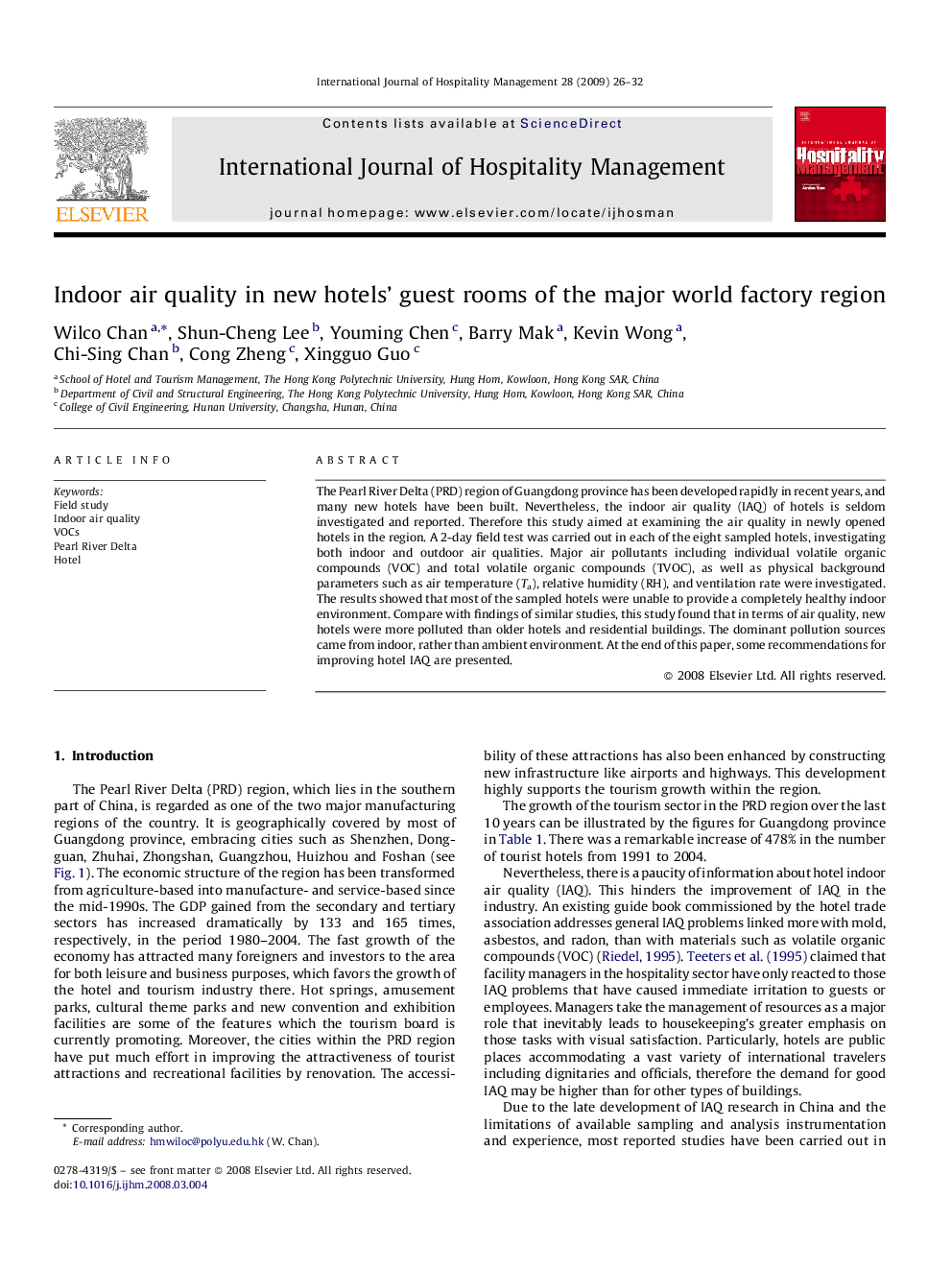 Indoor air quality in new hotels’ guest rooms of the major world factory region