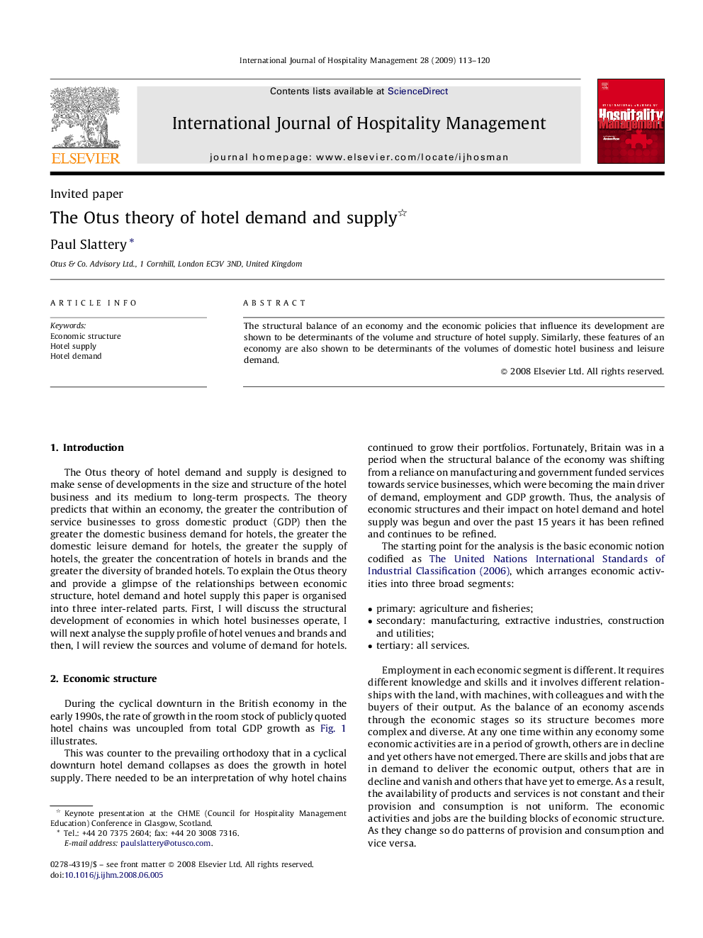 The Otus theory of hotel demand and supply 