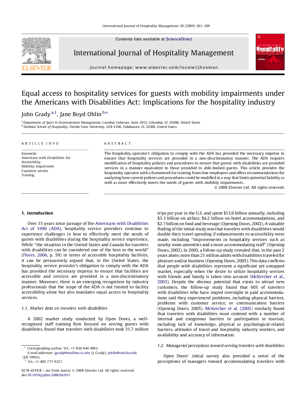 Equal access to hospitality services for guests with mobility impairments under the Americans with Disabilities Act: Implications for the hospitality industry