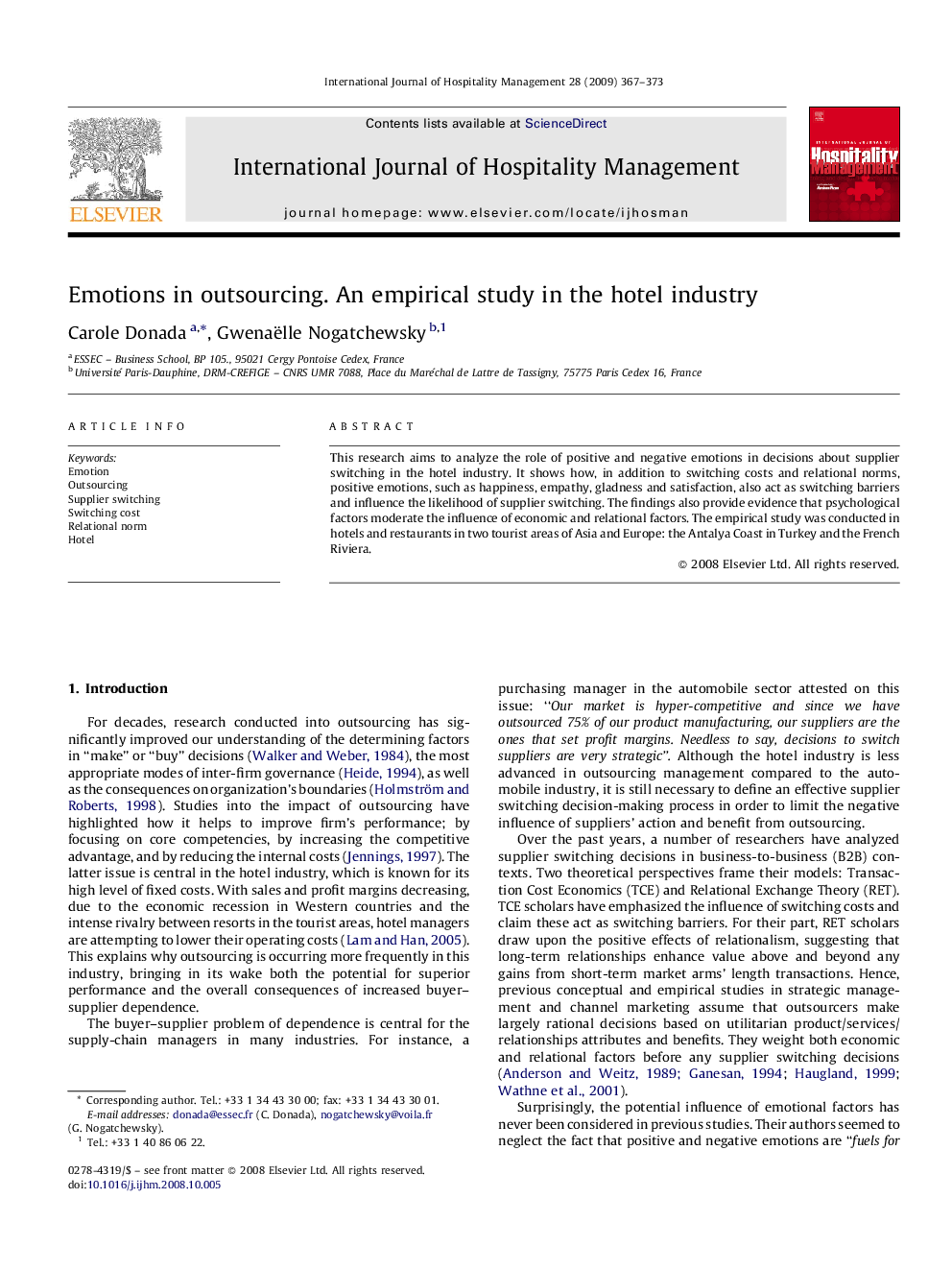 Emotions in outsourcing. An empirical study in the hotel industry