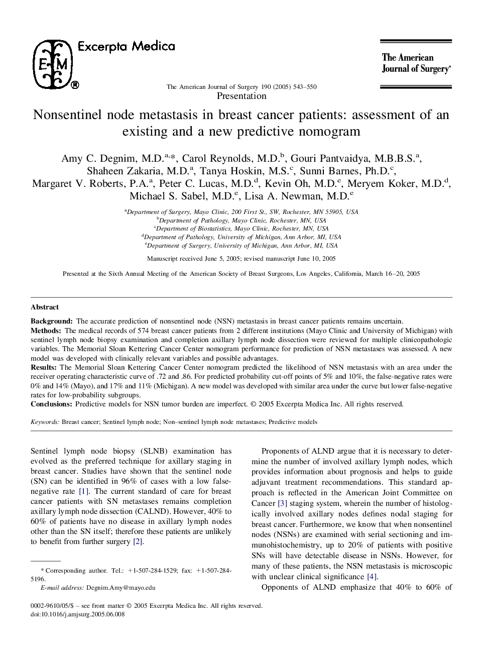 Nonsentinel node metastasis in breast cancer patients: assessment of an existing and a new predictive nomogram