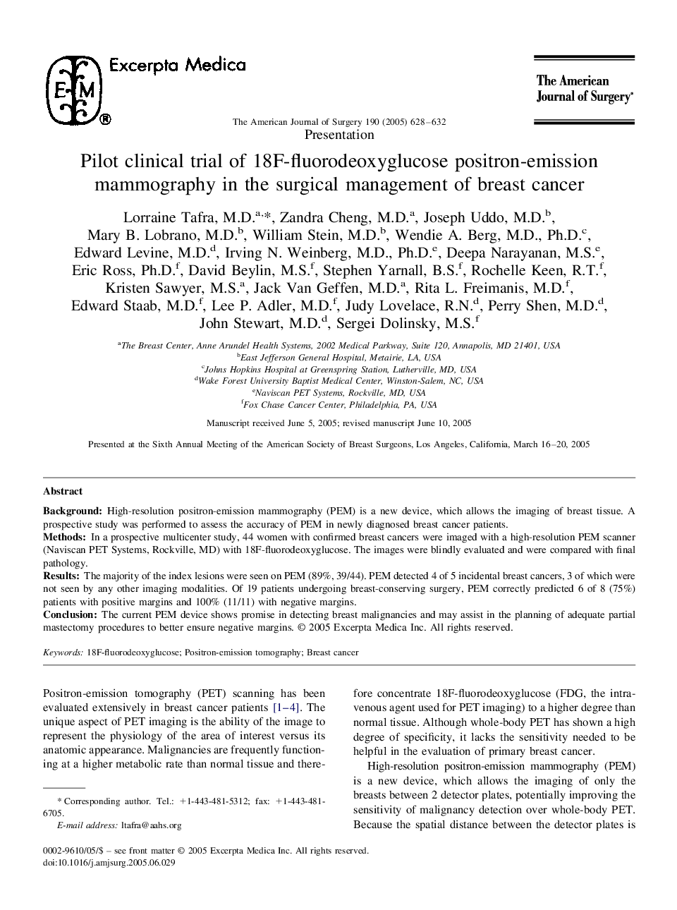 Pilot clinical trial of 18F-fluorodeoxyglucose positron-emission mammography in the surgical management of breast cancer