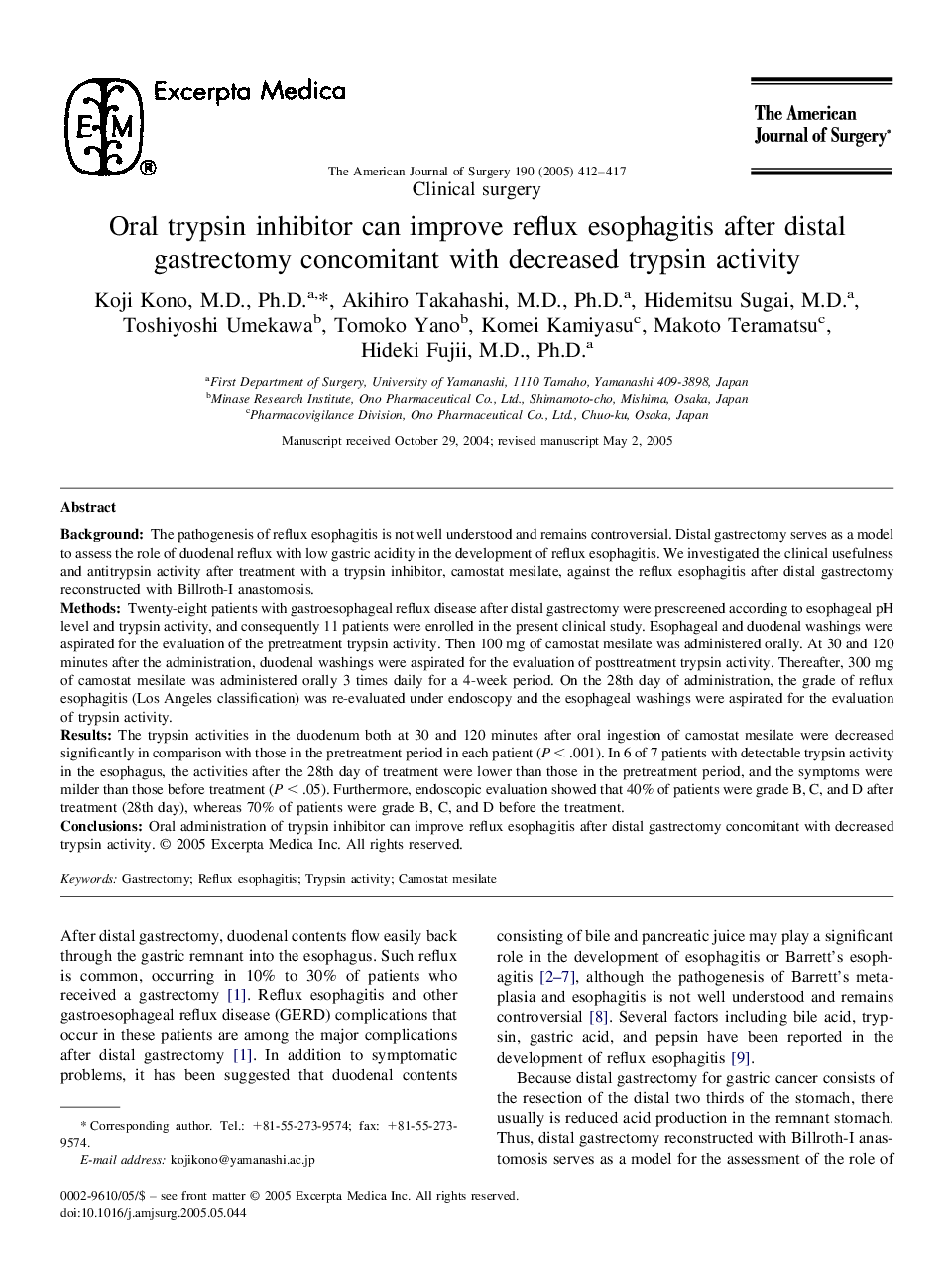 Oral trypsin inhibitor can improve reflux esophagitis after distal gastrectomy concomitant with decreased trypsin activity