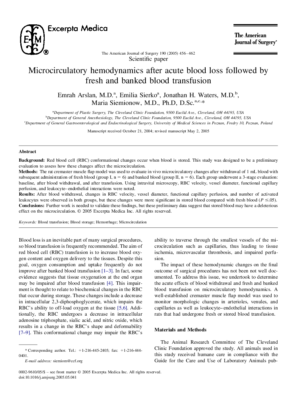 Microcirculatory hemodynamics after acute blood loss followed by fresh and banked blood transfusion