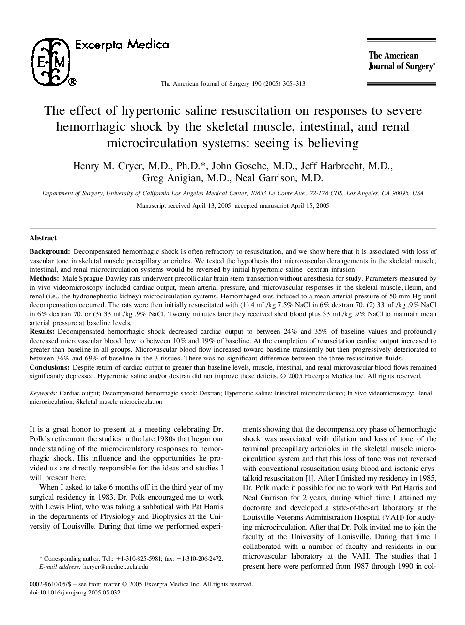 The effect of hypertonic saline resuscitation on responses to severe hemorrhagic shock by the skeletal muscle, intestinal, and renal microcirculation systems: seeing is believing