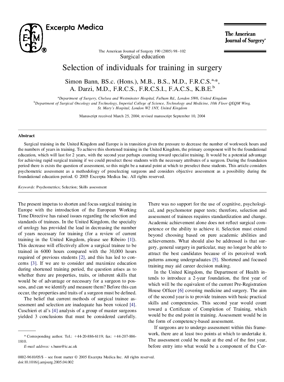 Selection of individuals for training in surgery