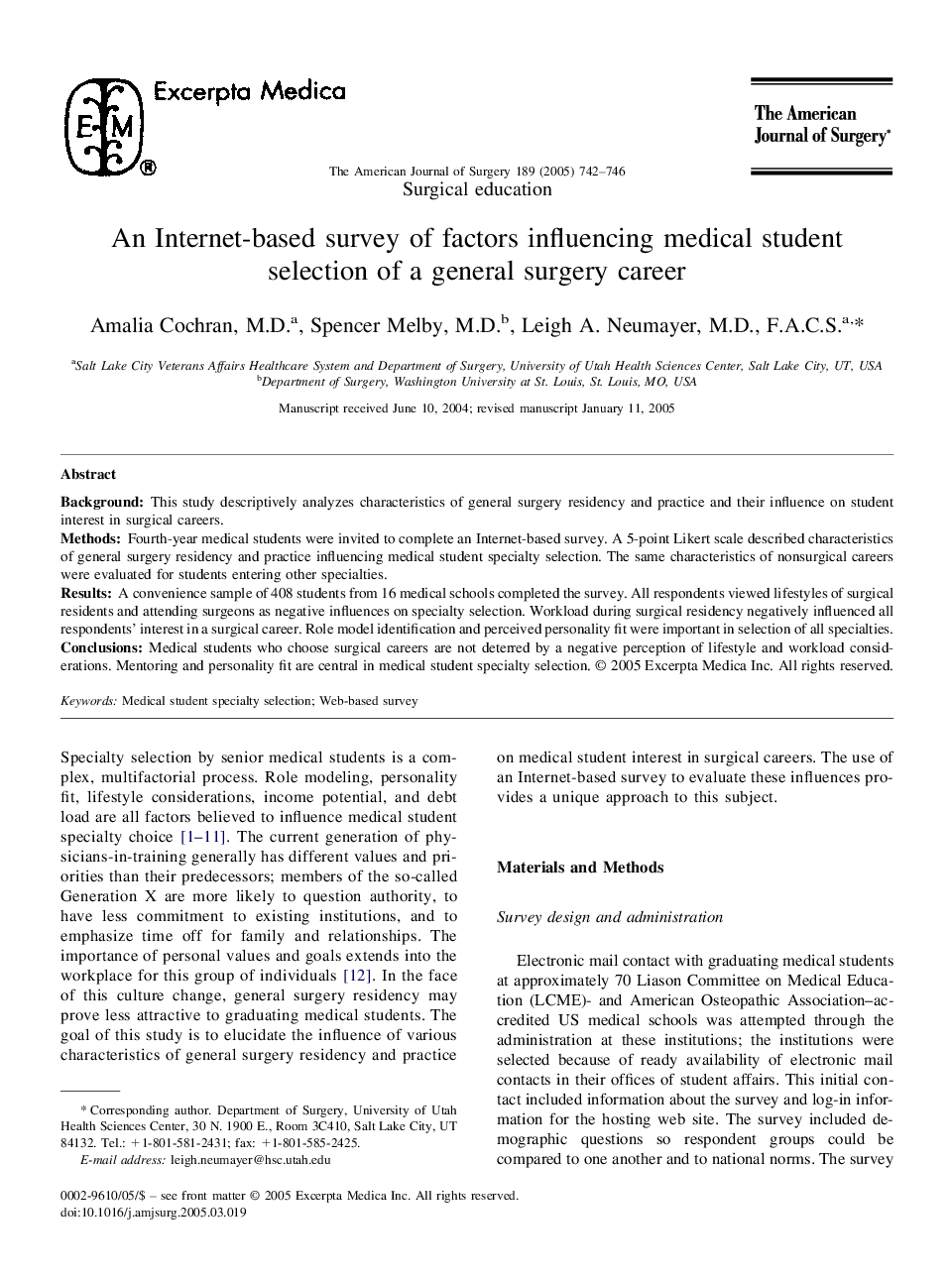 An Internet-based survey of factors influencing medical student selection of a general surgery career