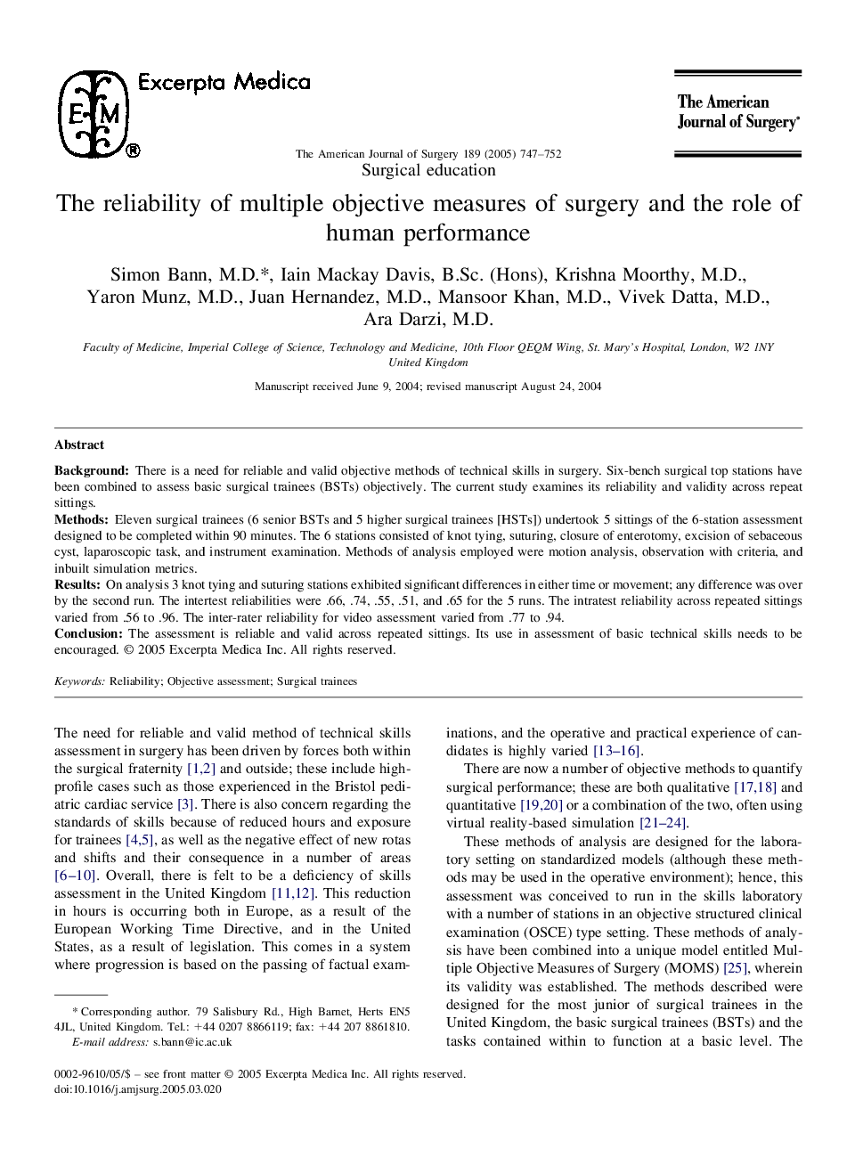 The reliability of multiple objective measures of surgery and the role of human performance