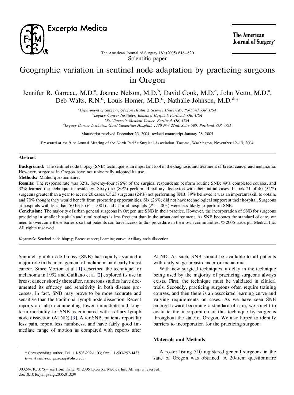 Geographic variation in sentinel node adaptation by practicing surgeons in Oregon