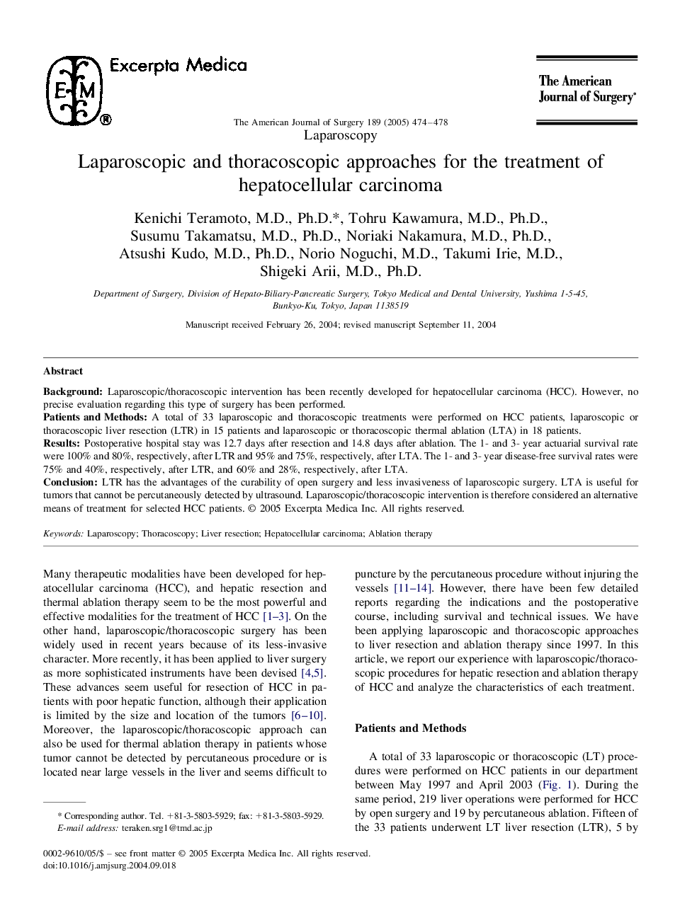 Laparoscopic and thoracoscopic approaches for the treatment of hepatocellular carcinoma