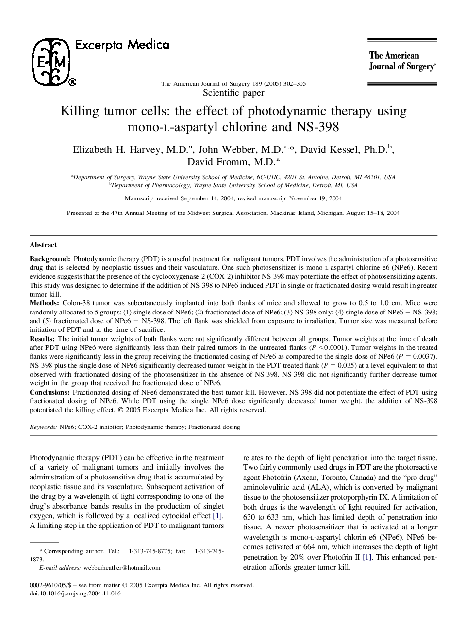 Killing tumor cells: The effect of photodynamic therapy using mono-l-aspartyl chlorine and NS-398