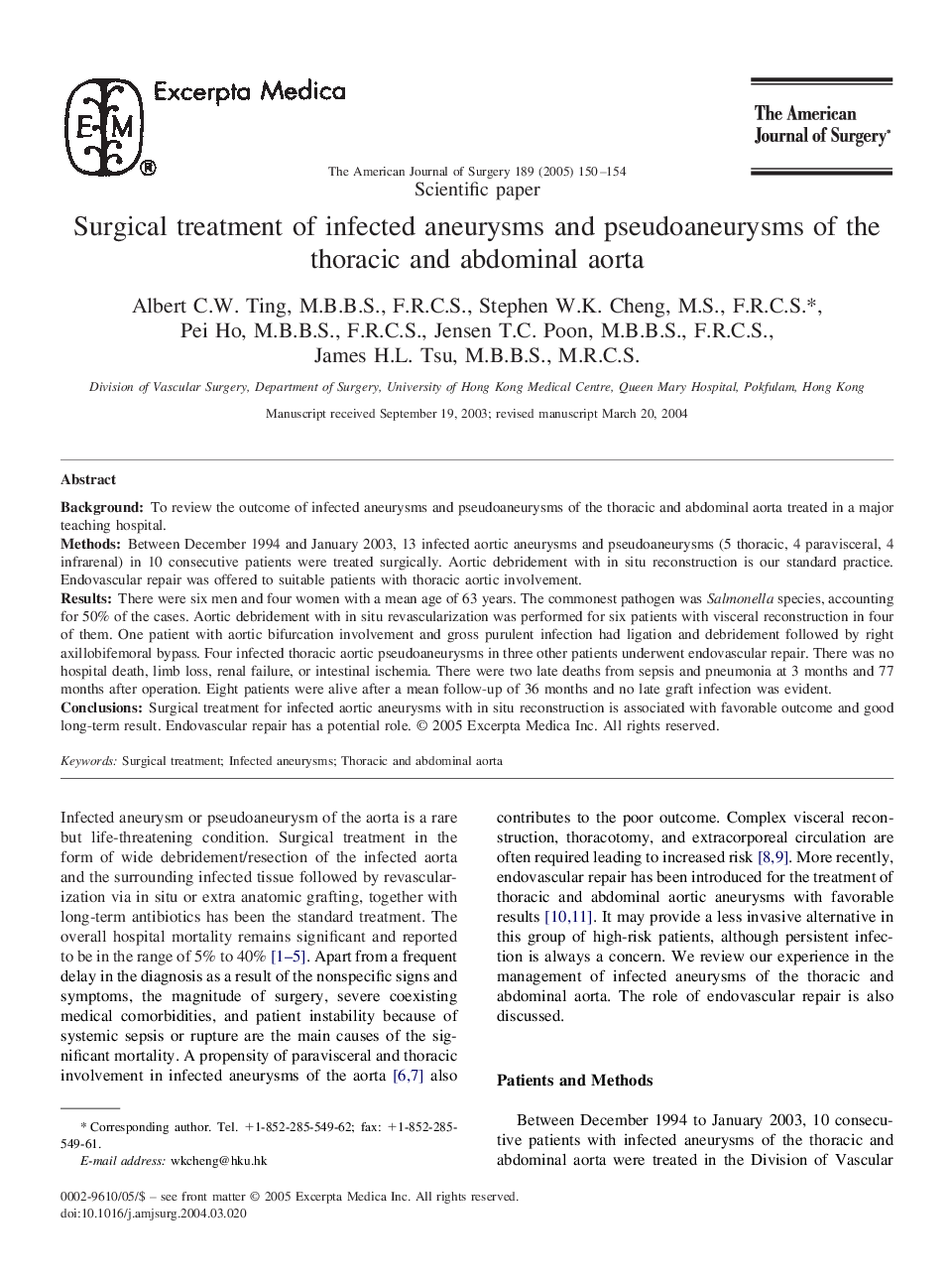 Surgical treatment of infected aneurysms and pseudoaneurysms of the thoracic and abdominal aorta