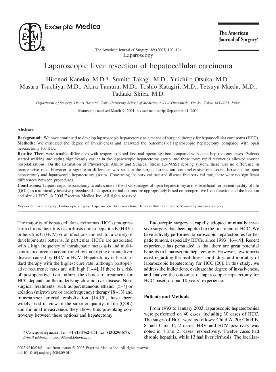 Laparoscopic liver resection of hepatocellular carcinoma