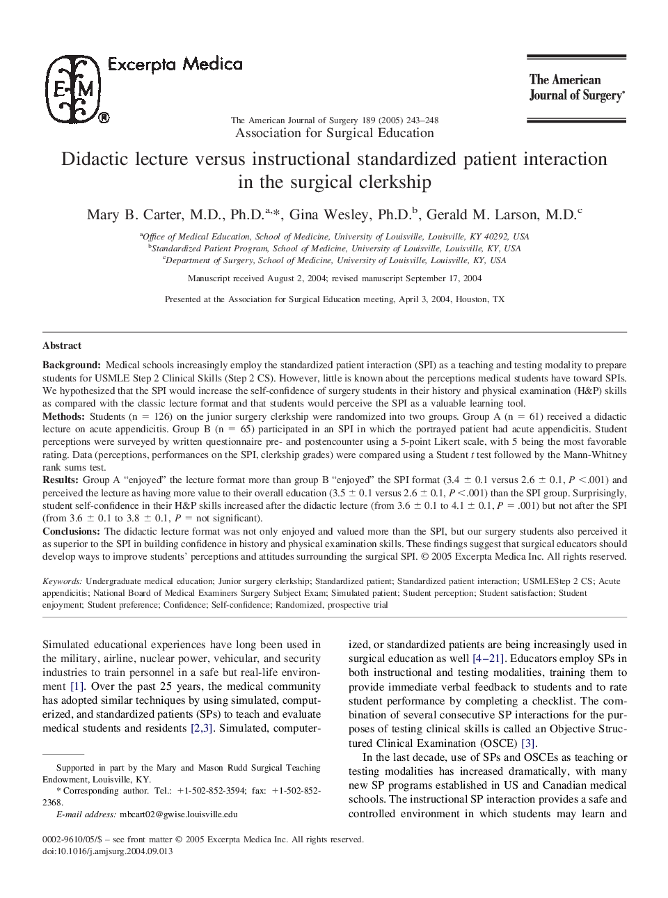 Didactic lecture versus instructional standardized patient interaction in the surgical clerkship