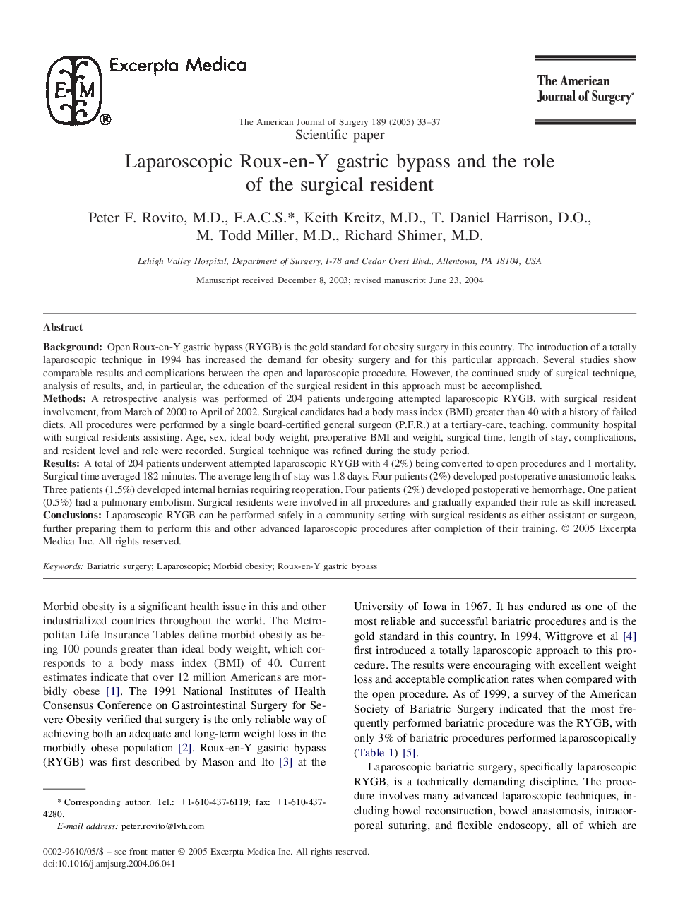 Laparoscopic Roux-en-Y gastric bypass and the role of the surgical resident