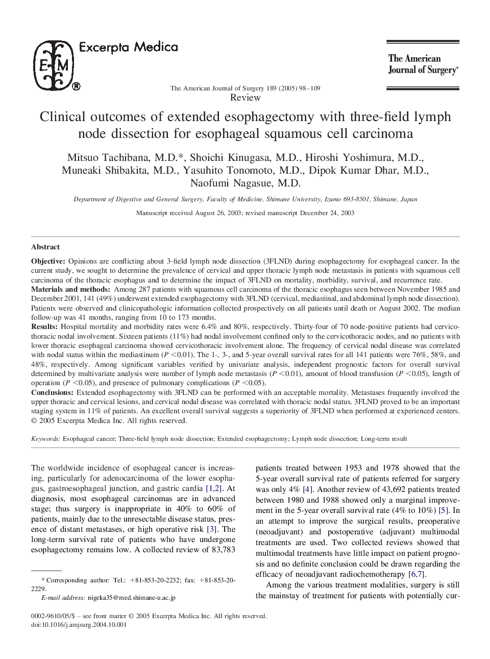 Clinical outcomes of extended esophagectomy with three-field lymph node dissection for esophageal squamous cell carcinoma