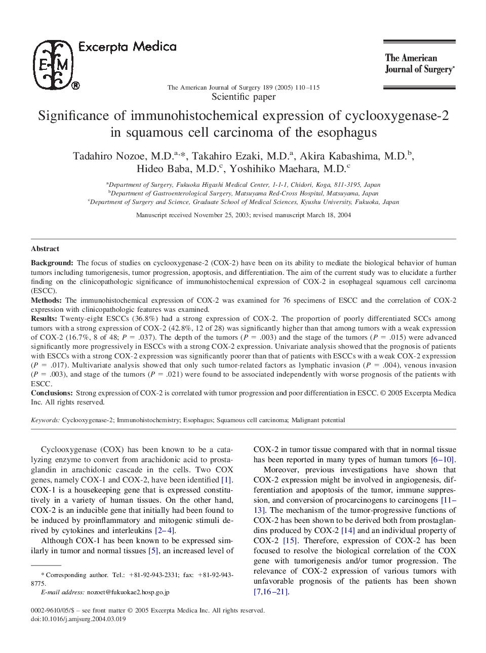 Significance of immunohistochemical expression of cyclooxygenase-2 in squamous cell carcinoma of the esophagus