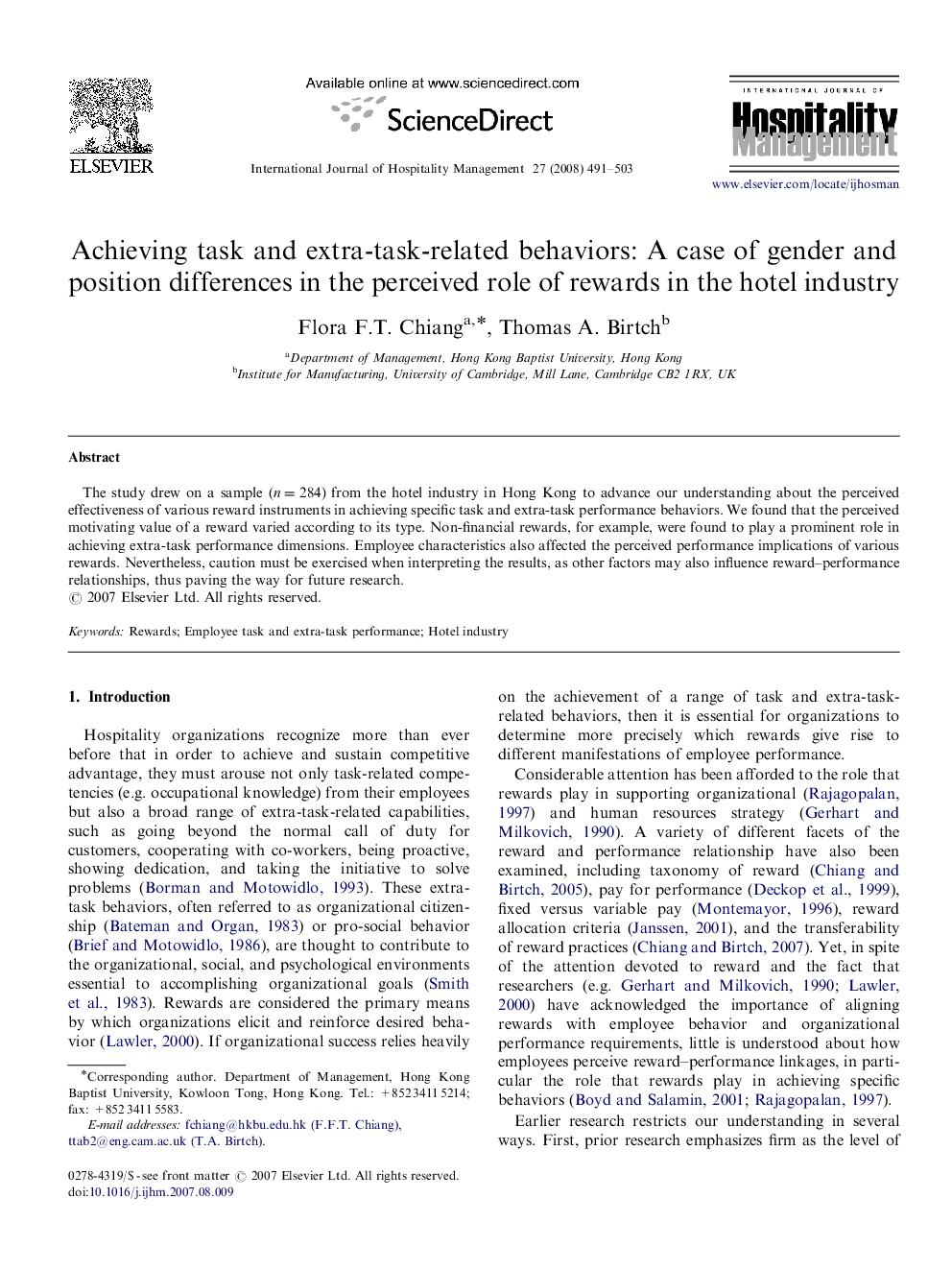 Achieving task and extra-task-related behaviors: A case of gender and position differences in the perceived role of rewards in the hotel industry