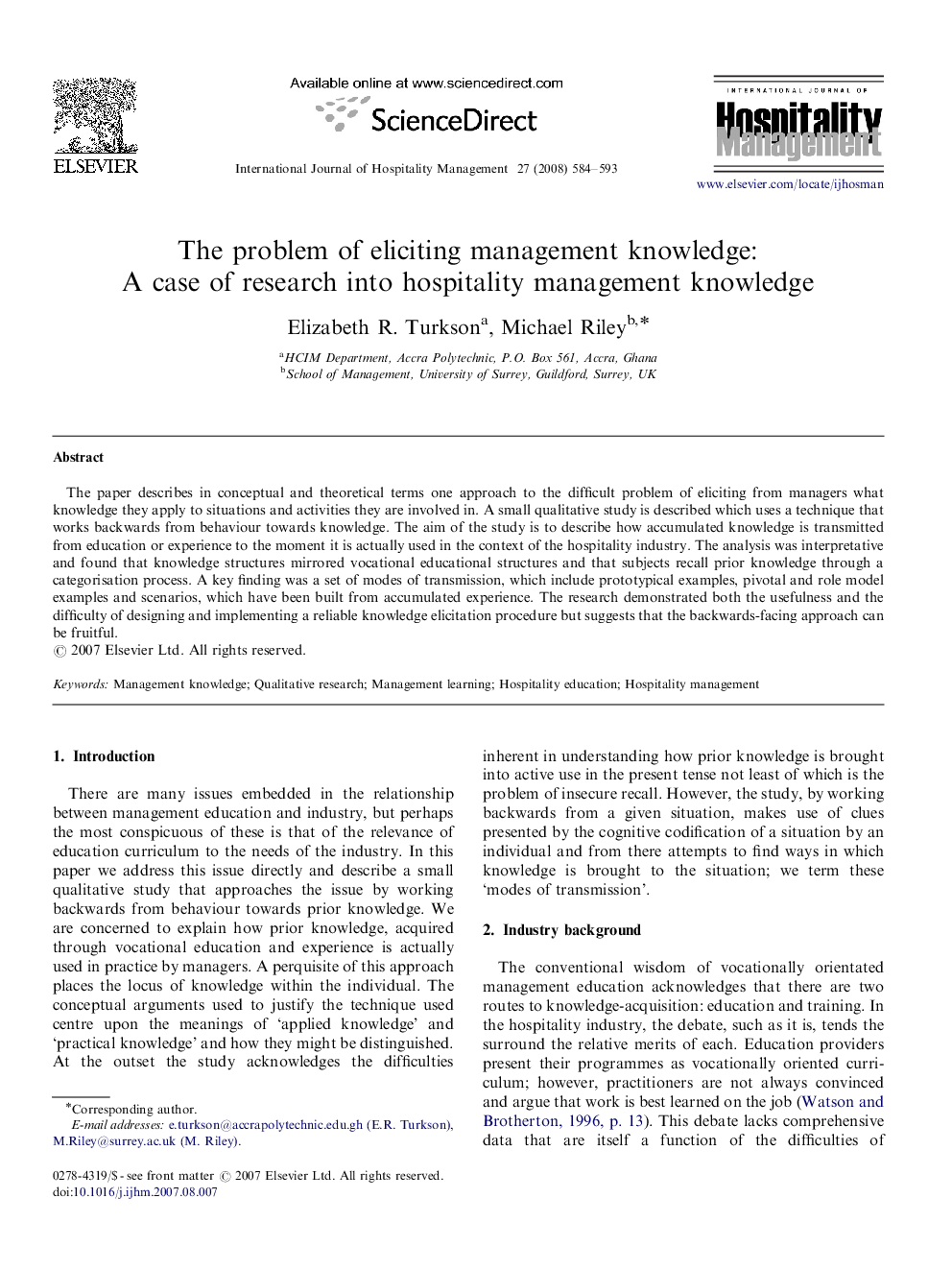 The problem of eliciting management knowledge: A case of research into hospitality management knowledge