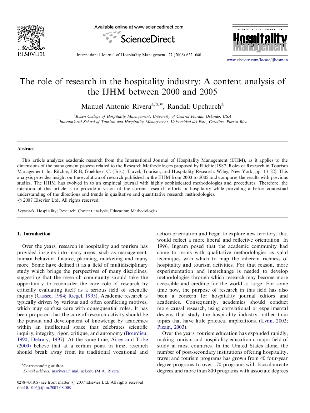 The role of research in the hospitality industry: A content analysis of the IJHM between 2000 and 2005