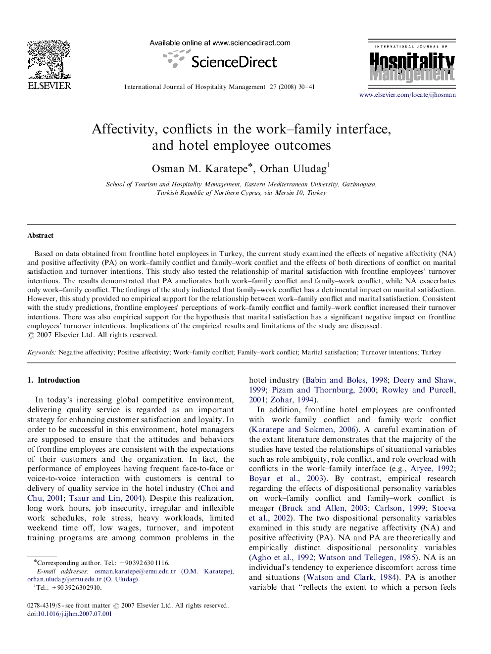 Affectivity, conflicts in the work–family interface, and hotel employee outcomes