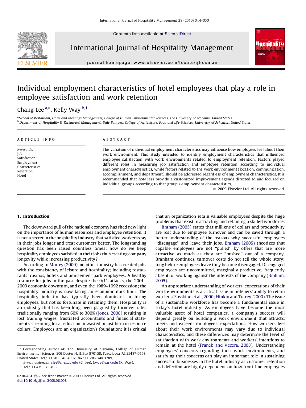 Individual employment characteristics of hotel employees that play a role in employee satisfaction and work retention