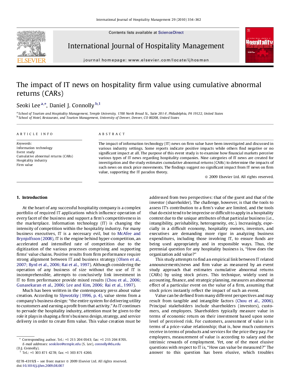 The impact of IT news on hospitality firm value using cumulative abnormal returns (CARs)