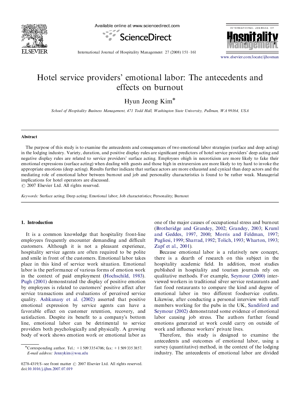 Hotel service providers’ emotional labor: The antecedents and effects on burnout