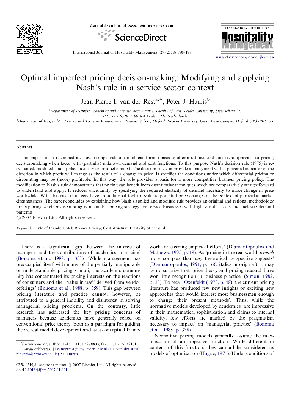 Optimal imperfect pricing decision-making: Modifying and applying Nash's rule in a service sector context