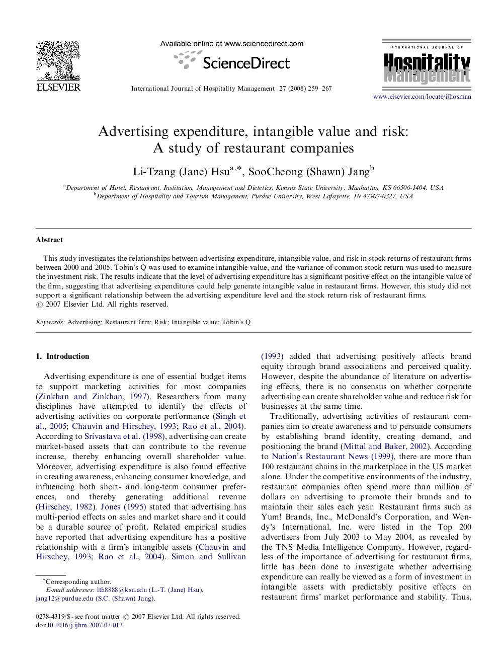 Advertising expenditure, intangible value and risk: A study of restaurant companies