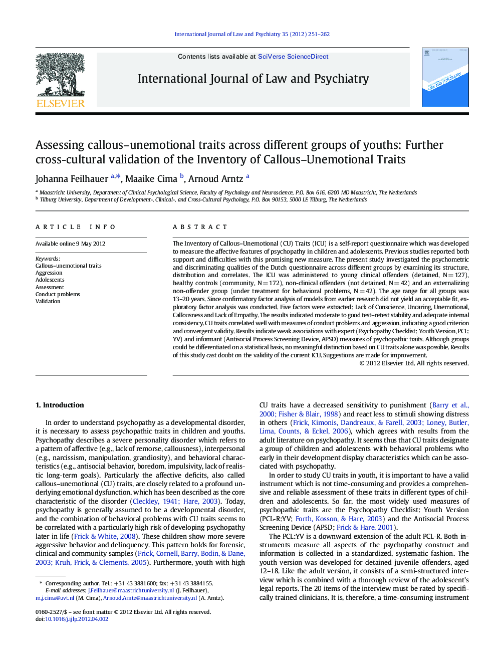 Assessing callous–unemotional traits across different groups of youths: Further cross-cultural validation of the Inventory of Callous–Unemotional Traits