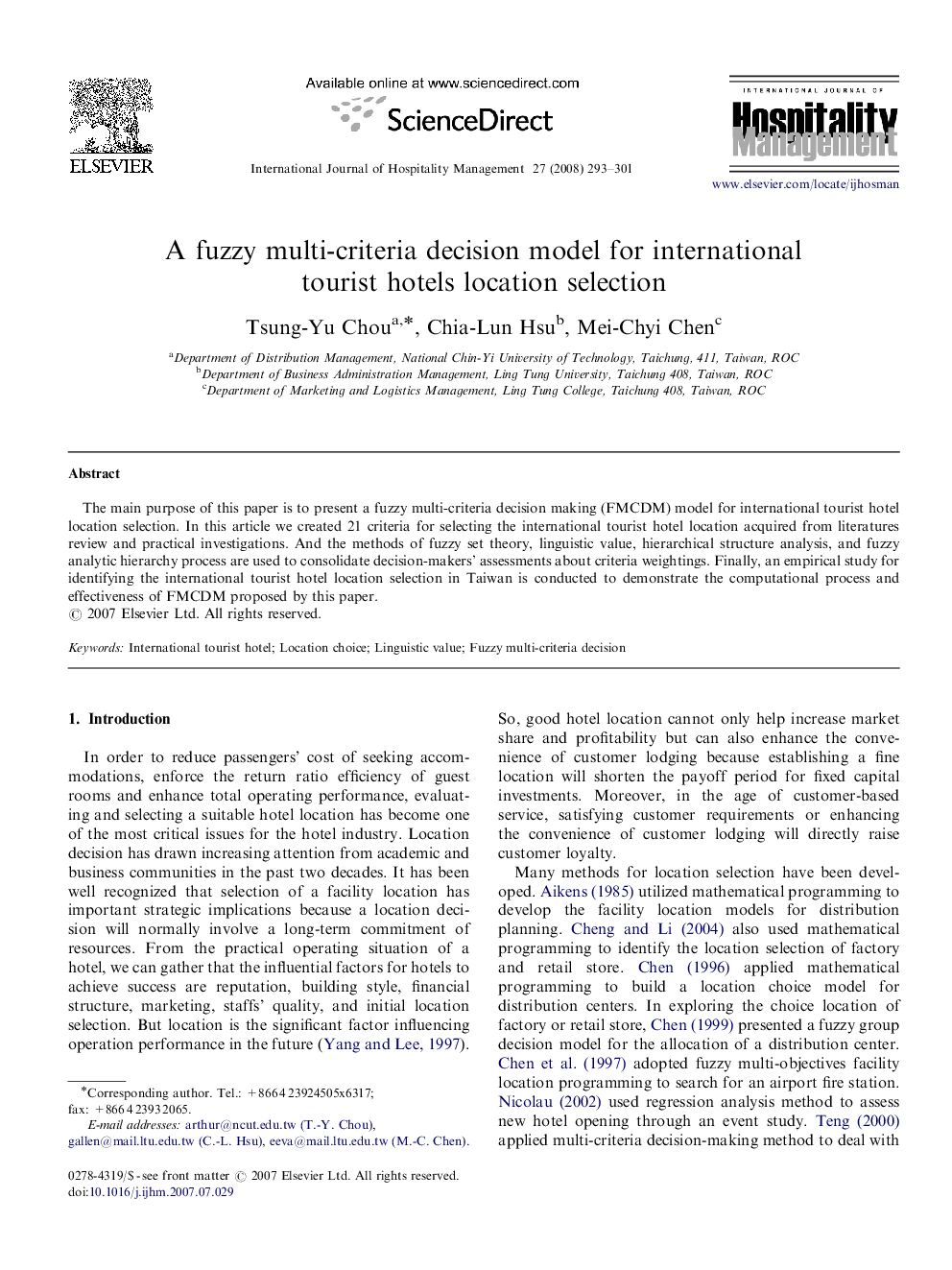 A fuzzy multi-criteria decision model for international tourist hotels location selection