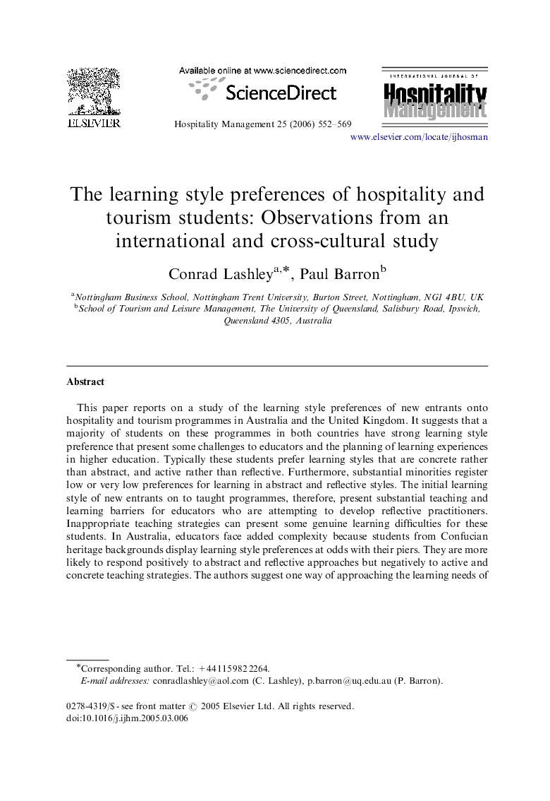 The learning style preferences of hospitality and tourism students: Observations from an international and cross-cultural study