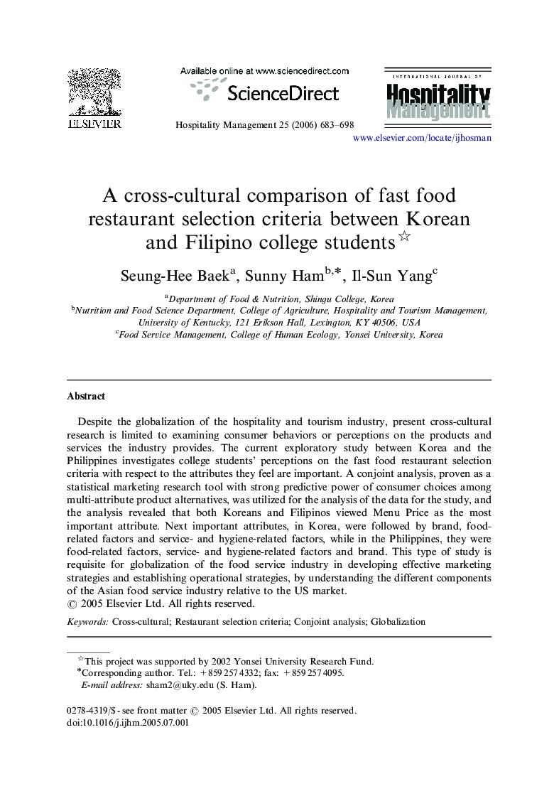 A cross-cultural comparison of fast food restaurant selection criteria between Korean and Filipino college students 