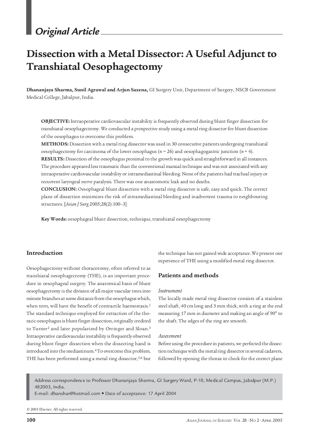 Dissection with a Metal Dissector: A Useful Adjunct to Transhiatal Oesophagectomy