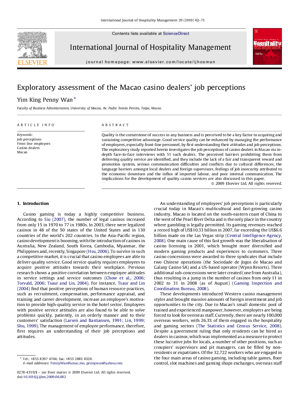 Exploratory assessment of the Macao casino dealers’ job perceptions