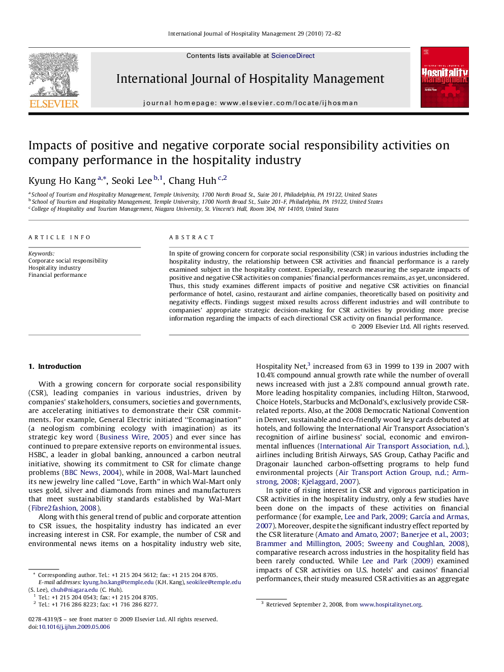 Impacts of positive and negative corporate social responsibility activities on company performance in the hospitality industry