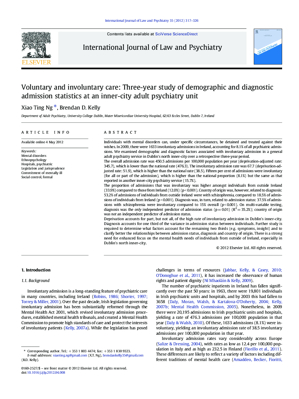 Voluntary and involuntary care: Three-year study of demographic and diagnostic admission statistics at an inner-city adult psychiatry unit