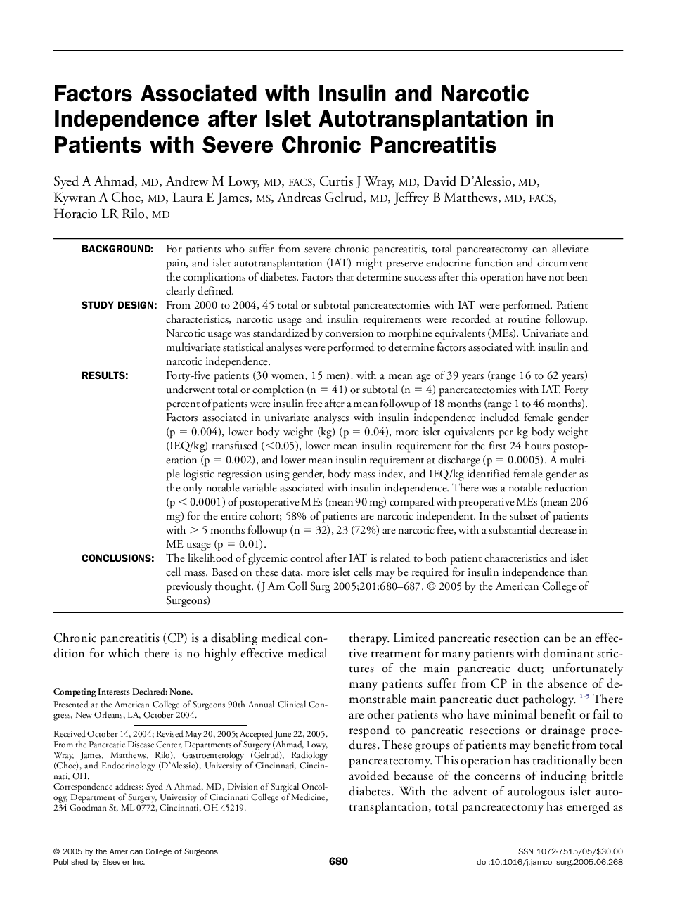 Factors Associated with Insulin and Narcotic Independence after Islet Autotransplantation in Patients with Severe Chronic Pancreatitis