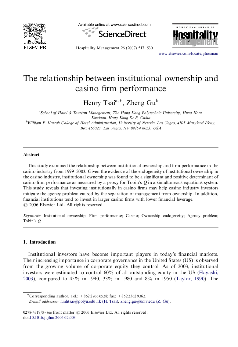 The relationship between institutional ownership and casino firm performance