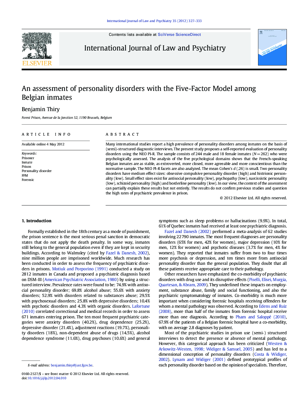 An assessment of personality disorders with the Five-Factor Model among Belgian inmates